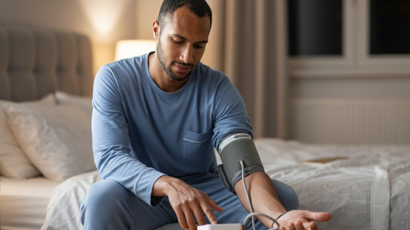 Homem de pijama sentado na cama medindo a pressão, para falar sobre a pressão alta noturna